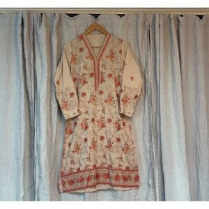 Handmade Floral Kurti Tunic Dress Boho Ethnic Embroidered Indian Cotton Size S